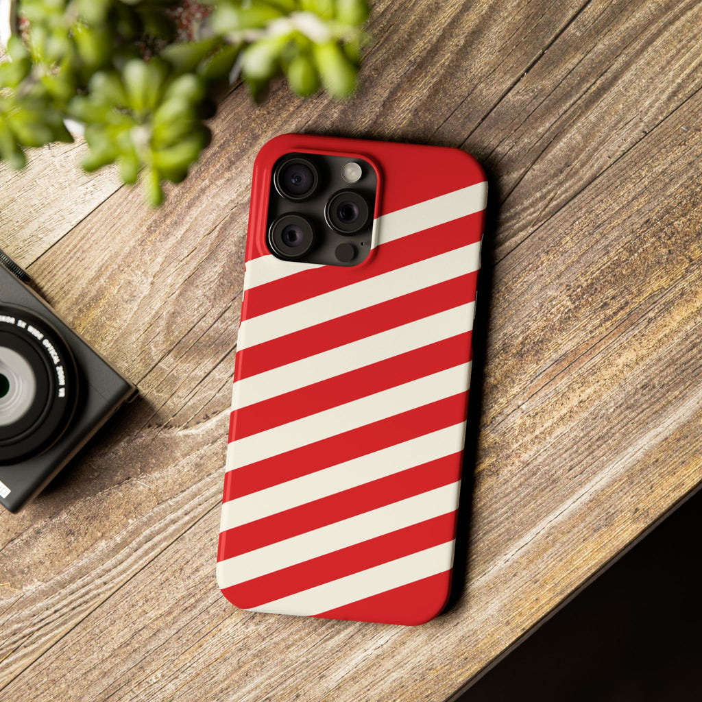 Red and White Diagonal Stripes Slim Phone Case | Candy Cane Pattern