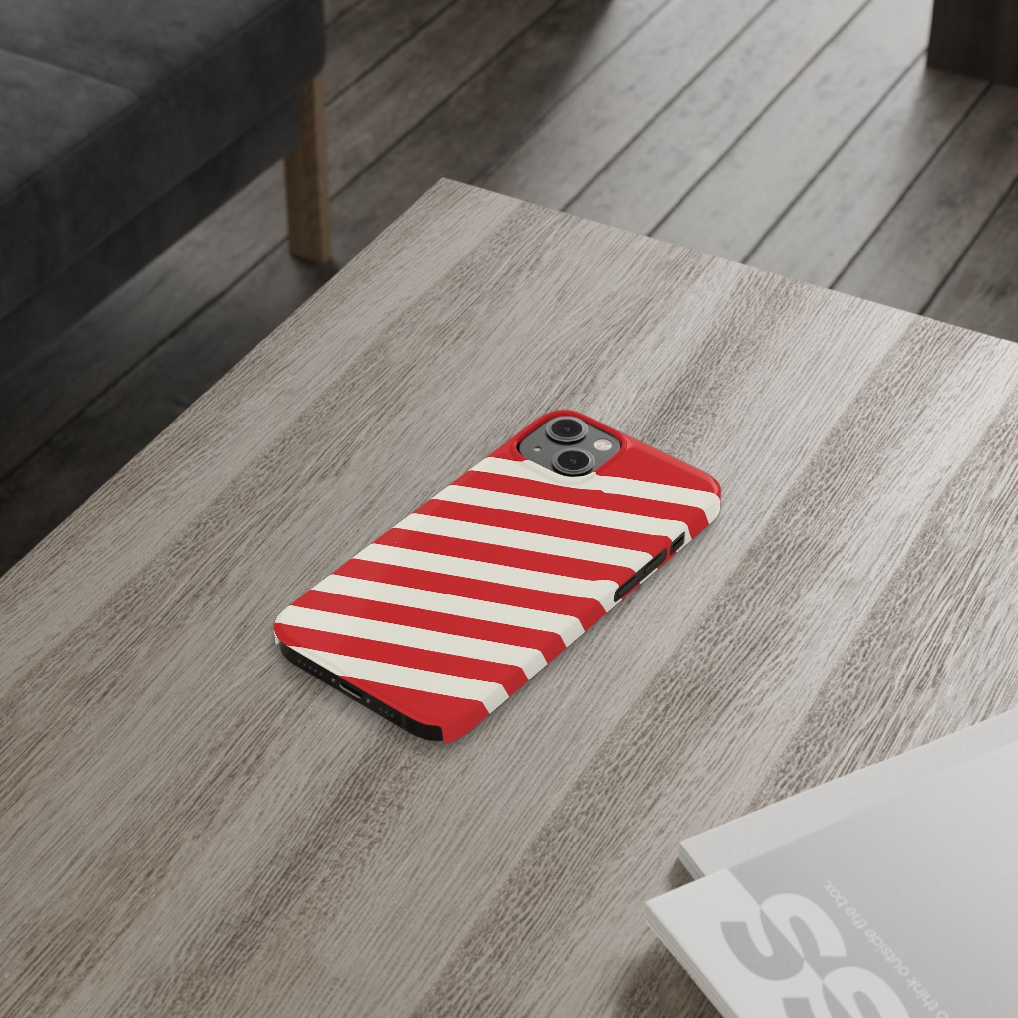 Red and White Diagonal Stripes Slim Phone Case | Candy Cane Pattern